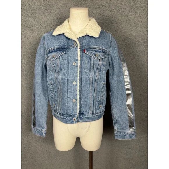 Levis Women's Denim Shine Theory Sherpa Jacket Size Extra Small Blue NWT's - Picture 1 of 8